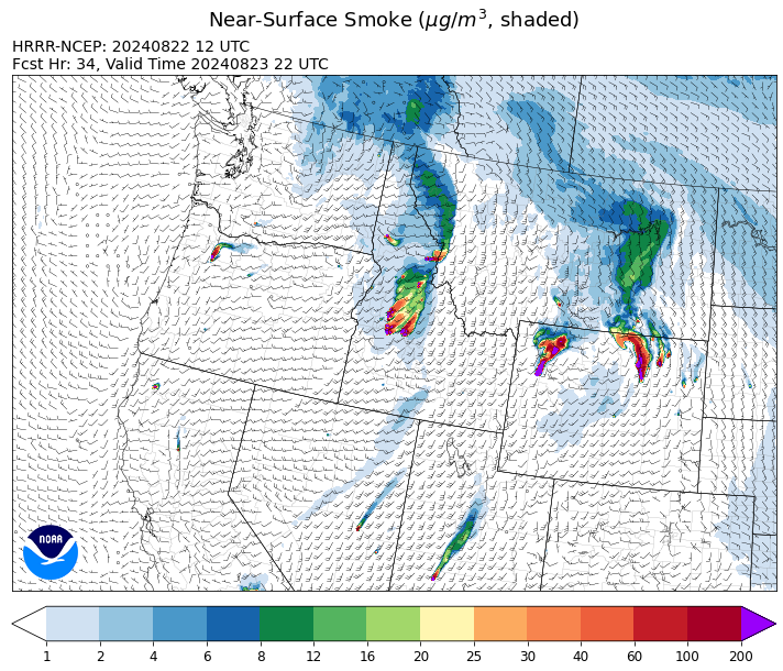 By Friday afternoon, the HRRR smoke model shows smoke moving into Montana from wildfires burning in Idaho and Wyoming.